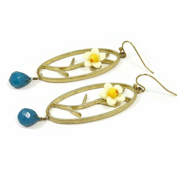 Flowery Drop Earrings W/Blue Stone Women's Jewerly - Picture 2 of 5